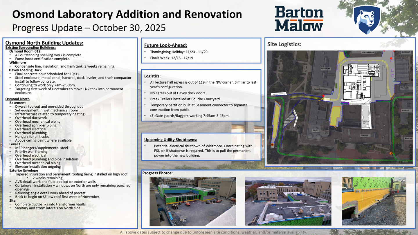 Osmond Laboratory Addition and Renovation Neighborhood Update for October 30, 2025.