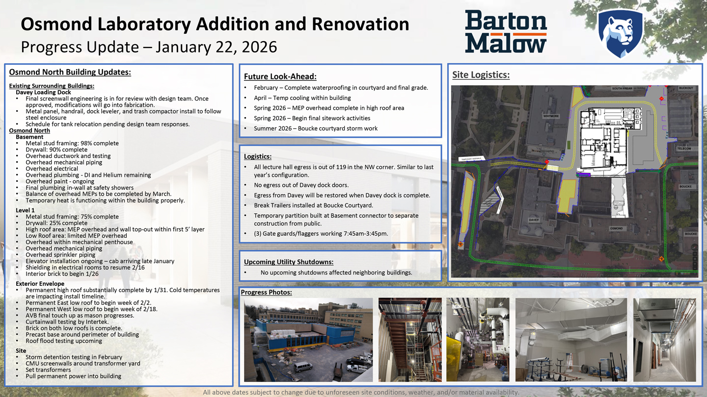 Osmond Laboratory Addition and Renovation Neighborhood Update for January 22, 2026.
