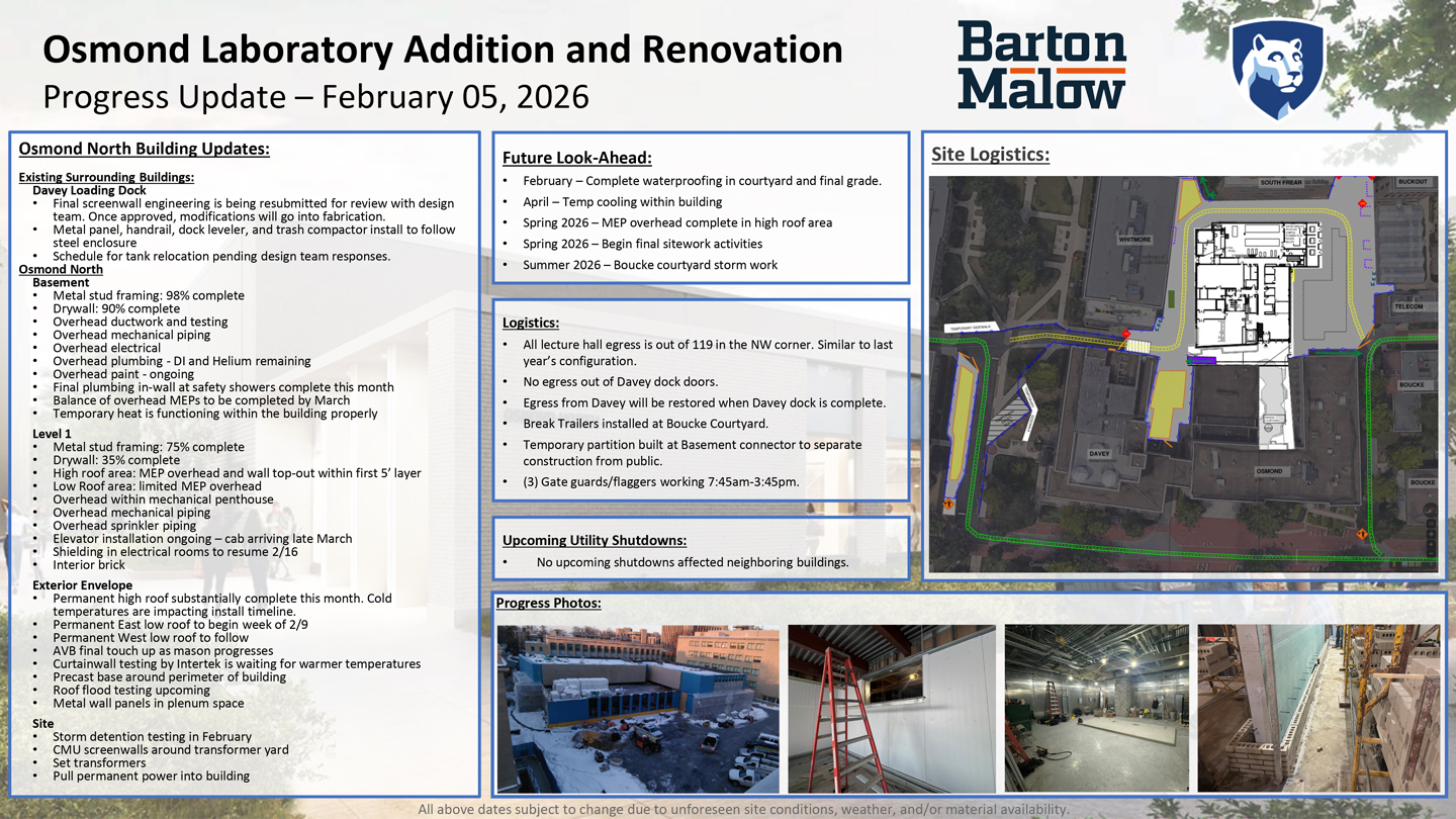 Osmond Laboratory Addition and Renovation Neighborhood Update for February 5, 2026.