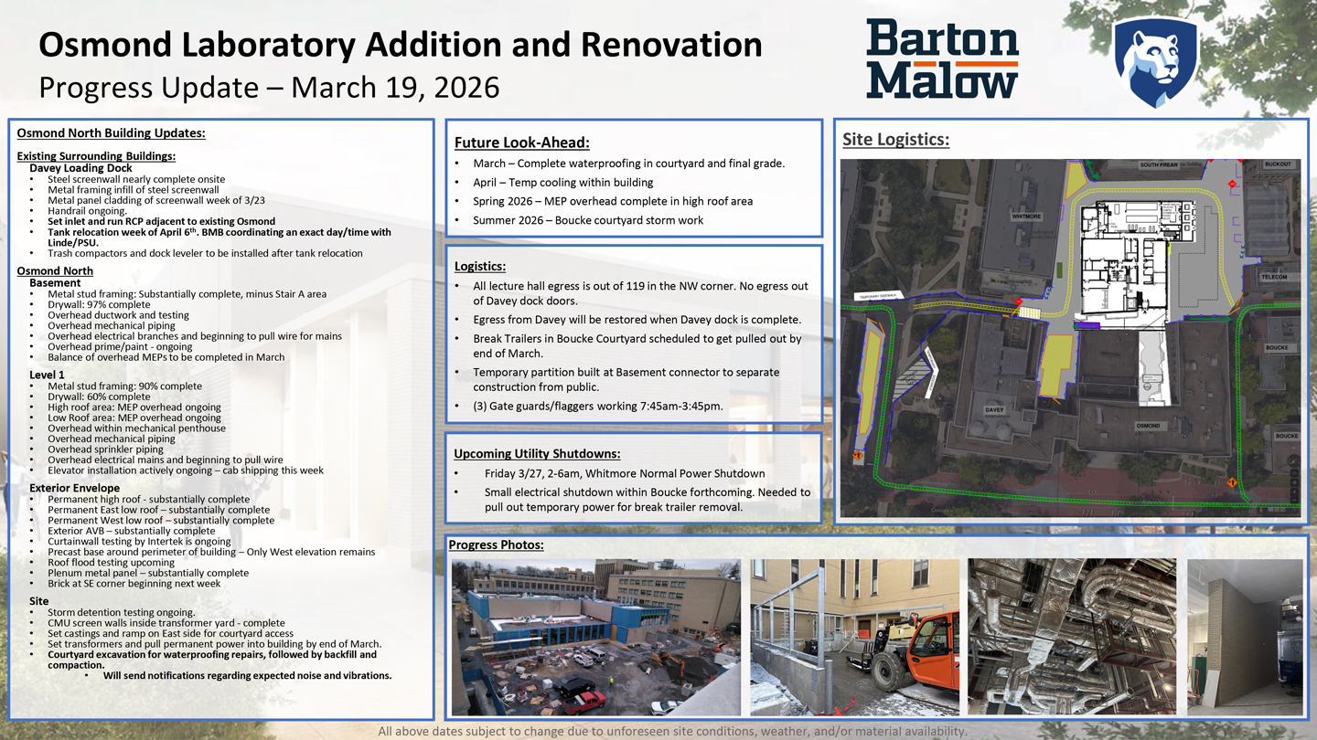 Osmond Laboratory Addition and Renovation Neighborhood Update for March 19, 2026.
