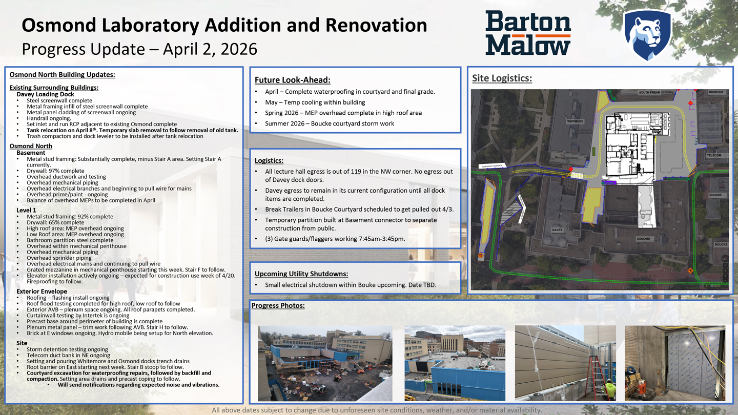 Osmond Laboratory Addition and Renovation Neighborhood Update for April 2, 2026.