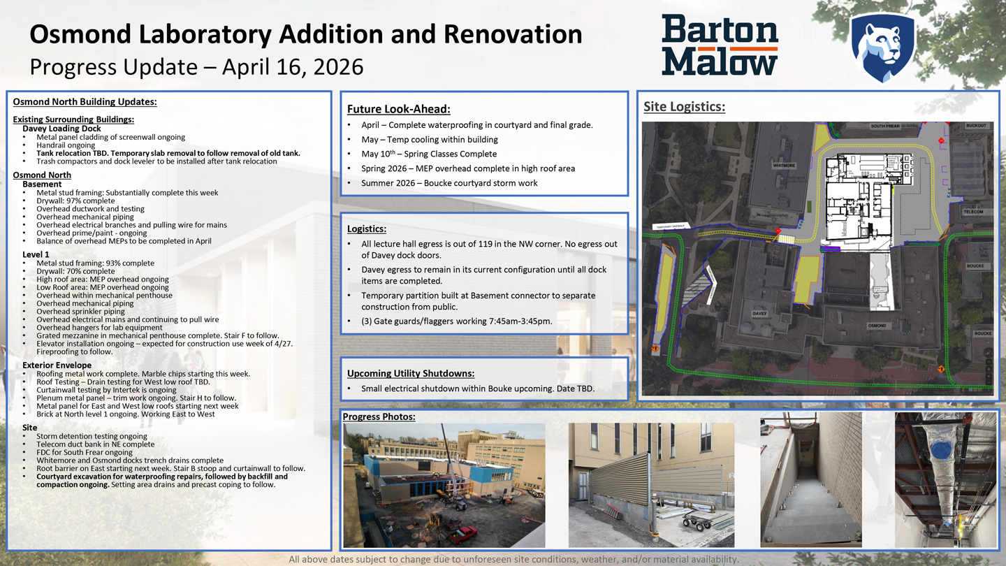 Osmond Laboratory Addition and Renovation Neighborhood Update for April 2, 2026.