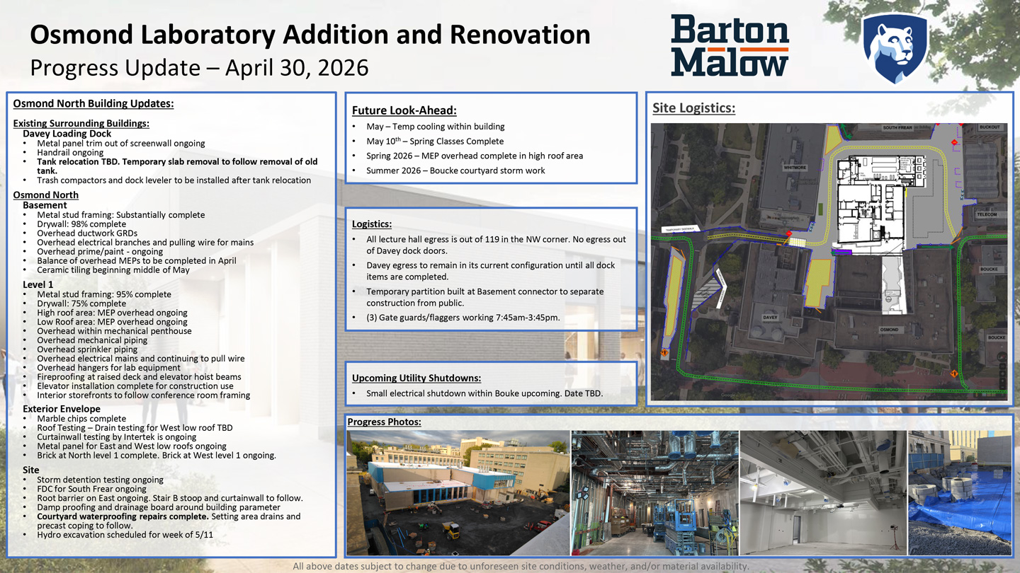 Osmond Laboratory Addition and Renovation Neighborhood Update for April 30, 2026.