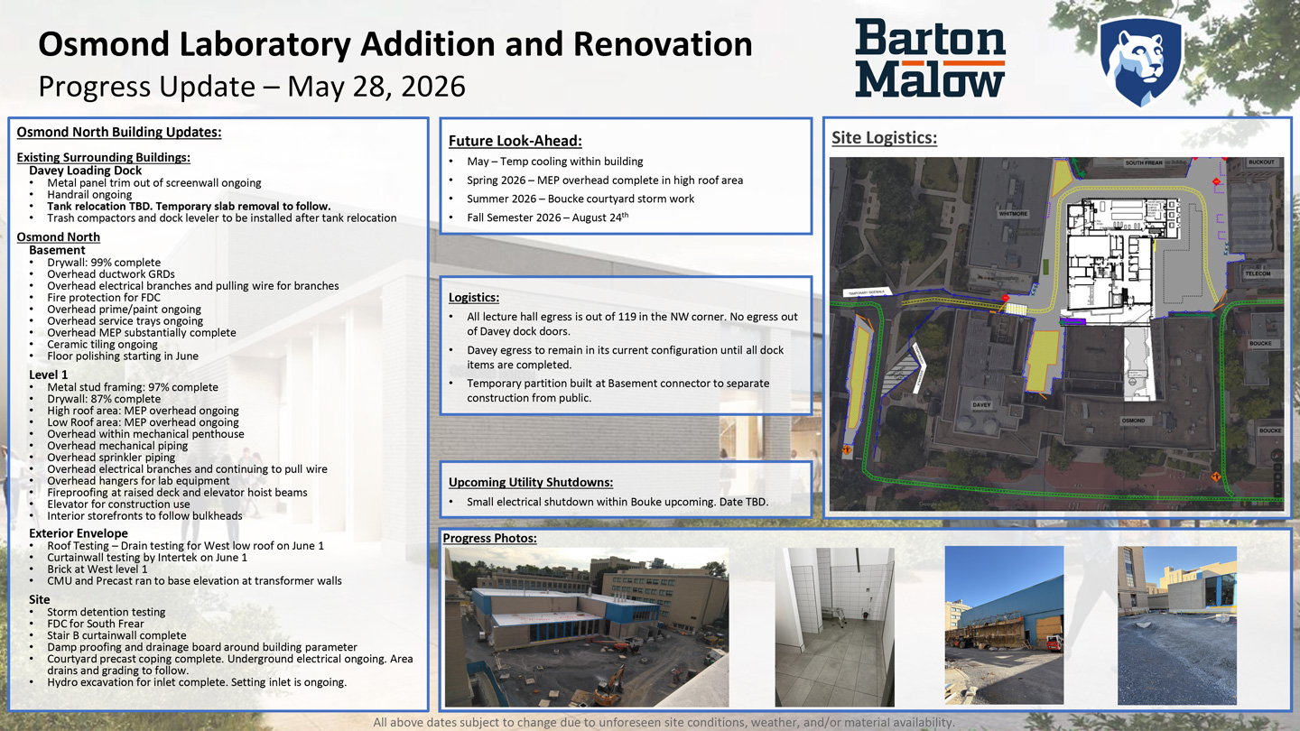 Osmond Laboratory Addition and Renovation Neighborhood Update for May 28, 2026.