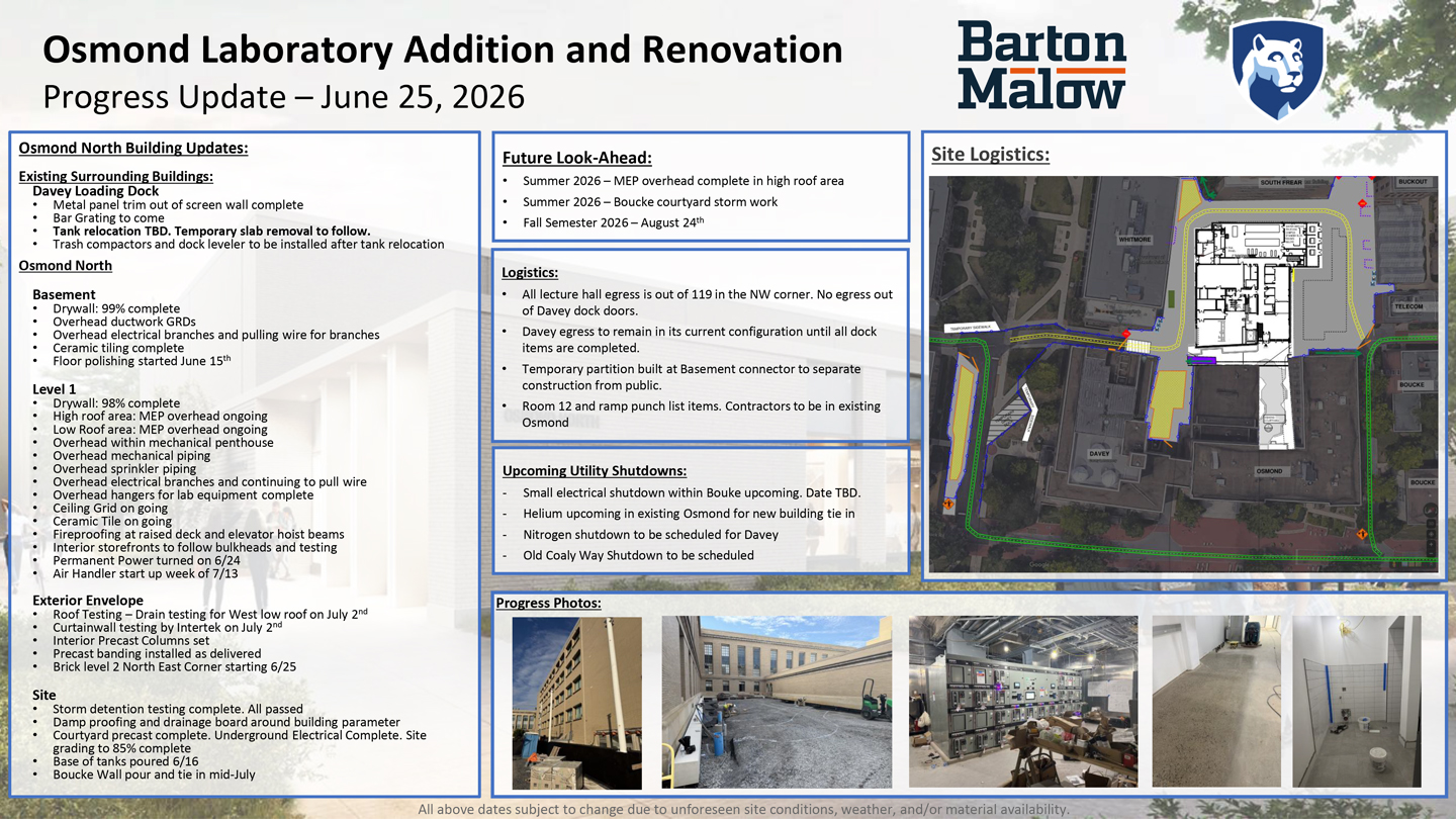 Osmond Laboratory Addition and Renovation Neighborhood Update for June 25, 2026.