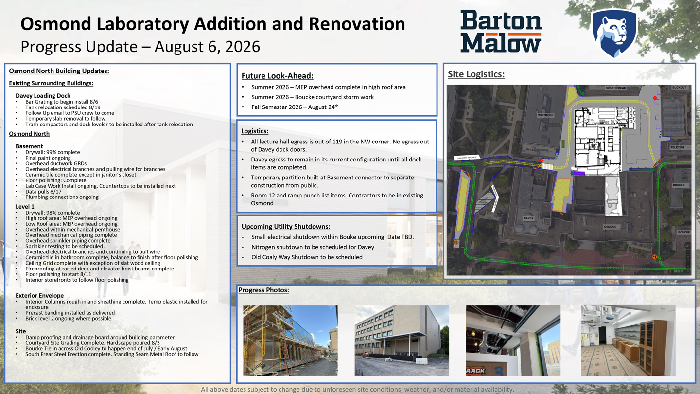 Osmond Laboratory Addition and Renovation Neighborhood Update for August 6, 2026.