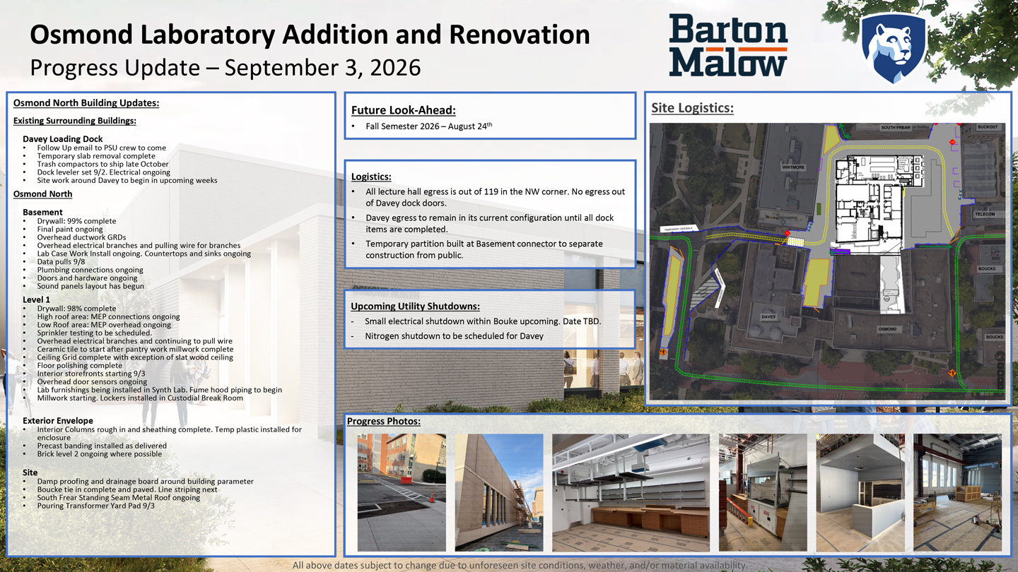 Osmond Laboratory Addition and Renovation Neighborhood Update for September 3, 2026.