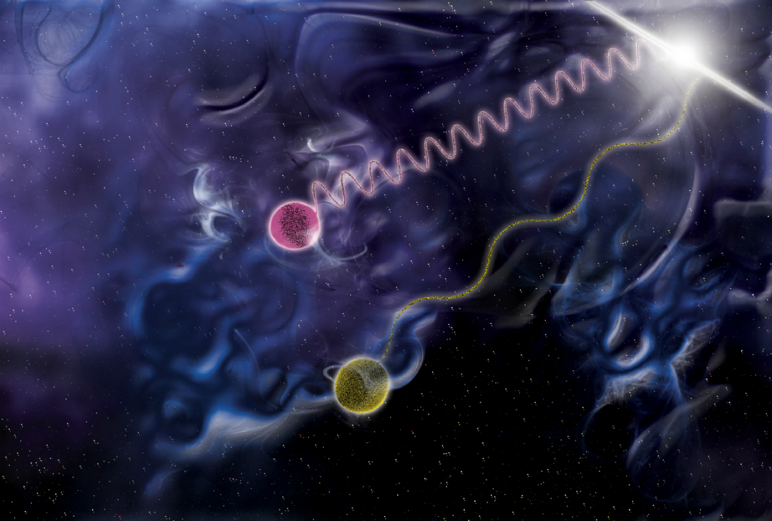 In this illustration, one photon (purple) carries a million times the energy of another (yellow). Some theorists predict travel delays for higher-energy photons, which interact more strongly with the proposed frothy nature of space-time. Yet Fermi data on two photons from a gamma-ray burst fail to show this effect, eliminating some approaches to a new theory of gravity. Credit: NASA/Sanoma State University/Aurore Simonnet