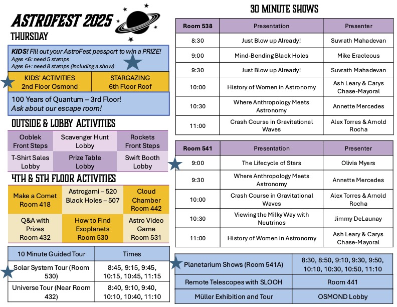Thursday schedule for AstroFest