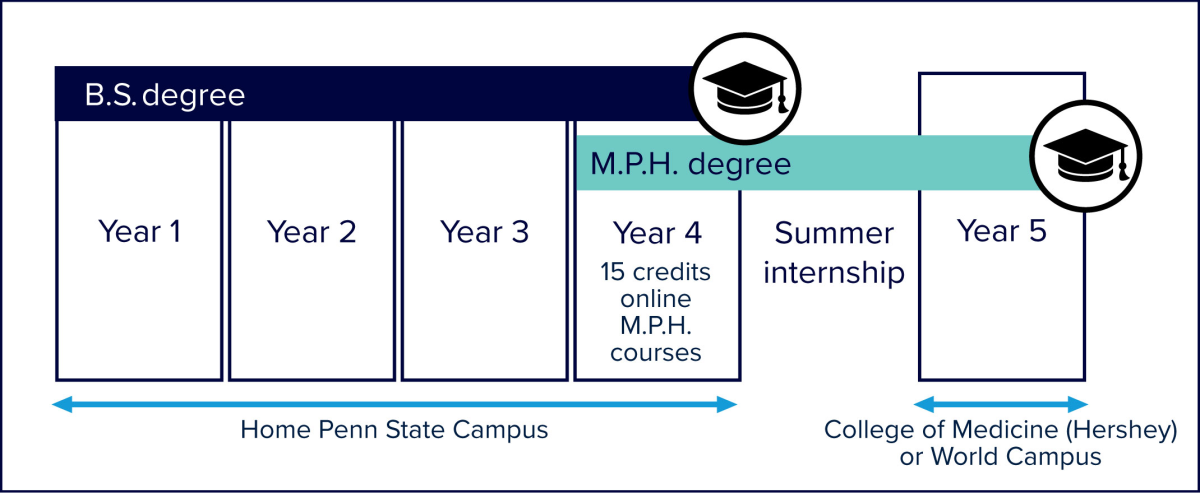 Diagram illustrating academic pathway from B.S. degree to M.P.H. degree and internship, showing year 1 to year 3 (B.S. degree) at home Penn State campus, year 4 (B.S. and M.P.H. degree) with 15 credits of online M.P.H. courses, followed by a summer internship, and finally year 5 at the College of Medicine (Hershey) or World Campus.