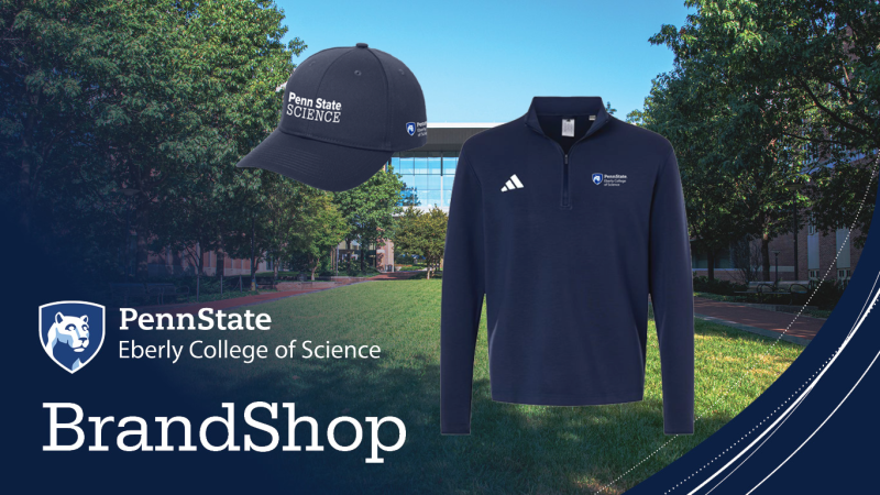 Eberly College of Science pop-up brand shop graphic with a baseball hat and a long-sleeve T-shirt.