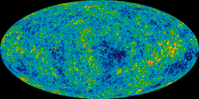 This full-sky image of the temperature fluctuations (shown as color differences) in the cosmic microwave background was made from nine years of observations by NASA’s Wilkinson Microwave Anisotropy Probe (WMAP) satellite. These temperature fluctuations are the seeds of galaxies, from a time when the universe was less than 400,000 years old. Credit: NASA