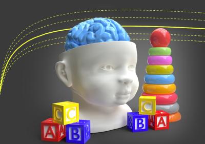 model of child with exposed brain and surrounded by building blocks