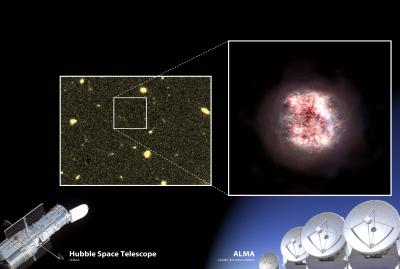 Schematic showing Hubble image and artist's impression of galaxy detected with ALMA