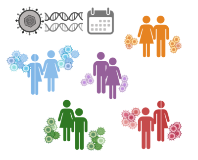 illustration of pairs of partners and herpes cell clusters that represent genetics
