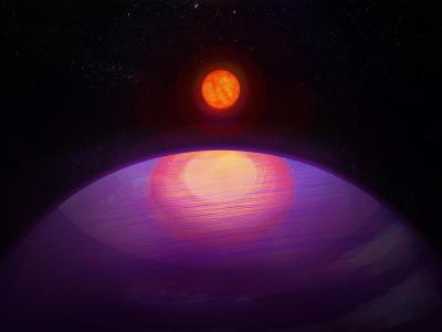 illustration of huge planet next to small sun in background