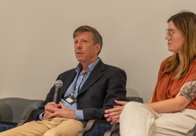 Jon Hamilton and Aubrey Whelan speaking on the science communication panel at the Big Ten Neuroscience Symposium at Penn State.