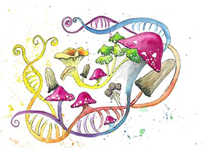 Painting showing mushrooms and other fungi growing out of stylized DNA double helix