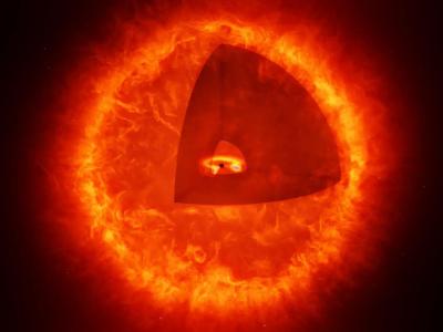 artist's version of a black hole star, with section removed to see core