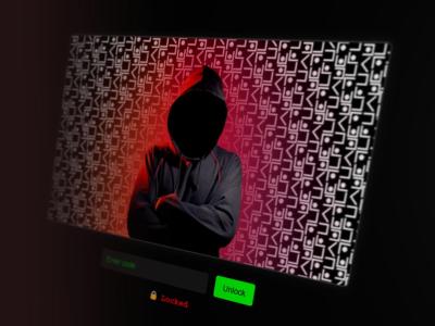 A computer screen shows a person in a hooded sweatshirt with their face obscured. The background has white geometric symbols on a red-to-black gradient.