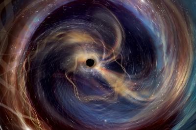 Illusrtration of merging black holes with swirling gravitational waves eminating from black hole at center