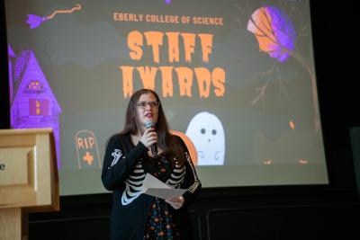 Katie Mantz-Weller speaking to the audience at the 2025 Staff Appreciation Ceremony.