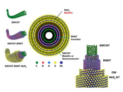 several illustrated views of metallic nanotubules