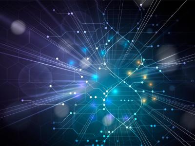 Abstract digital illustration of a glowing DNA double helix with interconnected nodes and lines on a dark background, symbolizing genetics and technology.