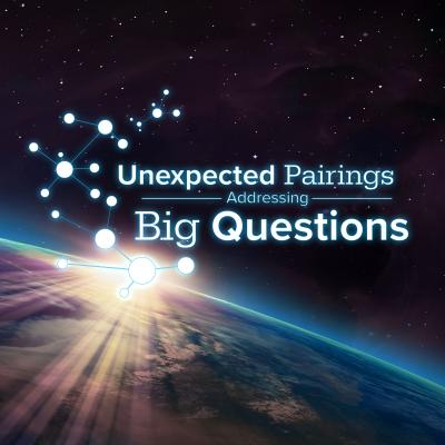 Illustration of bright light on planet horizon with words "Unexpected pairing addressing big questions"