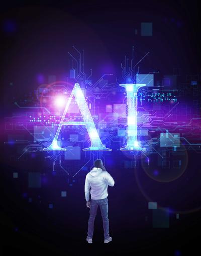 illustration of a man looks up at letters AI  with networks behind it