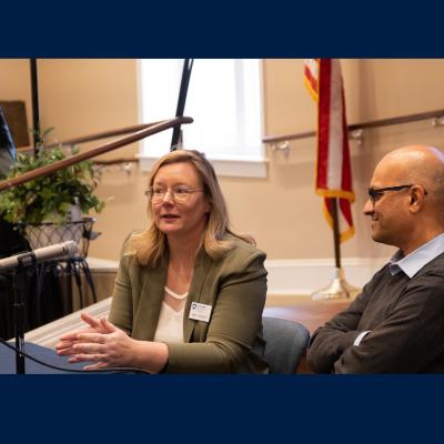 Nikki Crowley and Santhosh Girirajan speaking at the Village at Penn State during Brain Awareness Week.