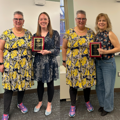Two images of Carolyn Jensen presenting the Academic Advising Award to Beth Johnson and Ana Butler.