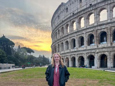 Veronica Swartz visits the Colosseum in Rome with other group members. 