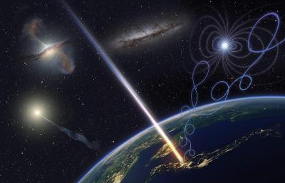image of particles heading toward earth with not-to-scale galaxies in the background