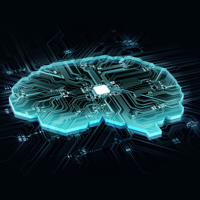 Black background with an image of a brain made of up of what appears to be hard drives and wires that you would see inside a computer.