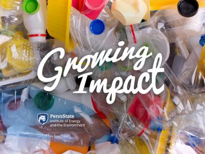 Growing Impact text on picture of pile of plastic bottles