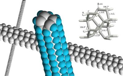 A computer-generated color image of the structure of a carbon nanotube. Image courtesy of Vincent Crespi and Dragan Stojkovic, Penn State.