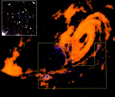 A false-color radio image (data supplied by Dr. Min Yun, University of Massachusetts) of the hydrogen gas in the M81 Group.