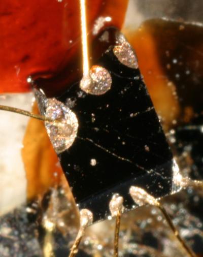 Picture of a strontium ruthenate Sr2RuO4 SQUID used to demonstrate that strontium ruthenate is an odd-parity superconductor. A thin layer of a conventional superconductor is deposited on the front and two sides of a black Sr2RuO4 crystal. Au wires of 25 microns in diameter are attached to the SQUID for current measurements.  Credit: John Passaneau,Penn State