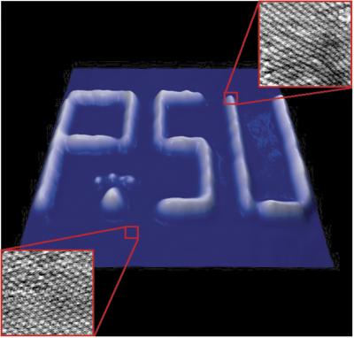 The writing is less than half an Angstrom (0.00005 microns) "tall" off the surface. The characters are less than 500 Angstrom (0.05 microns) high. They were created when Weiss and his team moved hydrogen atoms underneath a palladium surface using a custom-built, ultrastable, low-temperature, scanning tunneling microscope.