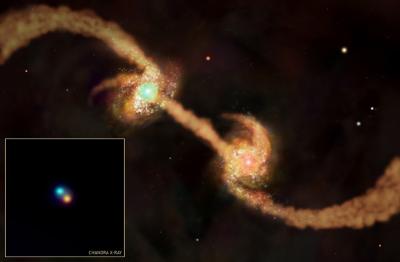 The illustration shows two young galaxies in the process of merging. Credit: NASA/CXC/Penn State/D. Alexander et al.