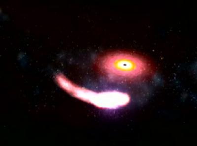Scientists, including astronomers and astrophysicists at Penn State, have found evidence of a black hole swallowing a neutron star in the afterglow of a split-second flash of intense energy known as a short gamma-ray burst. The events leading up to the gamma-ray burst are shown here. In the minutes and hours that followed, the black hole gobbled up the remaining remnants of the neutron star, producing a series of X-ray flares. Credit: NASA