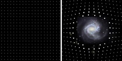 The left panel shows a grid of points representing background quasars. The right panel is the same grid after being “gravitationally lensed” by the cluster of galaxies shown in the center of the panel (the magnitude of the effect is exaggerated to make it apparent by eye). 