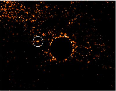 Shown here is one of the 20 target white dwarfs of our survey. The white dwarf is at the center of the image and has been masked out. North is up and east is to the left. Nearby to the east is a candidate companion (circled), which if associated would be a massive planet or low mass brown dwarf. It needs further observations to confirm or refute its association with the white dwarf.