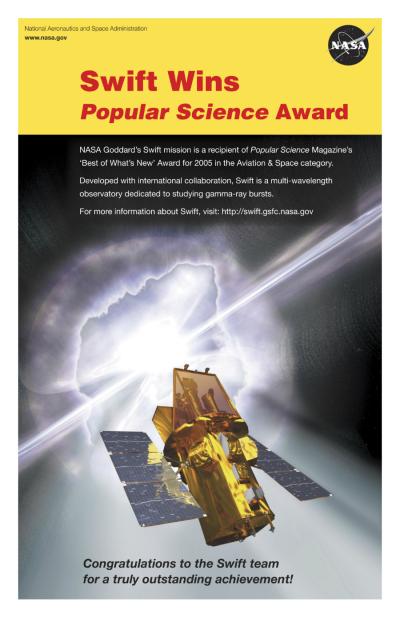 Swift Satellite Hailed as "Best of What's New" in Popular Science