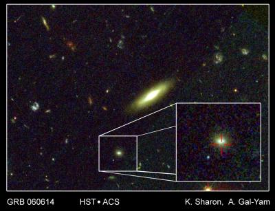 Hubble Space Telescope image of the host galaxy of the "hybrid gamma-ray burst" GRB 060614 (centered in the small box).