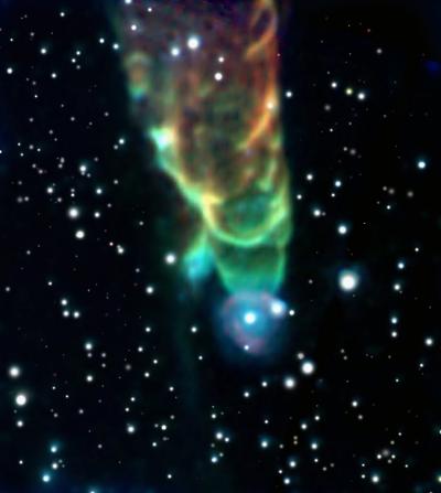 NASA's Spitzer Space Telescope has revealed an object that looks like a giant tornado in space. The helical structure actually results from shock waves where a powerful protostellar jet hits neighboring gas and dust. Credit: NASA / JPL-Caltech / J. Bally (University of Colorado)