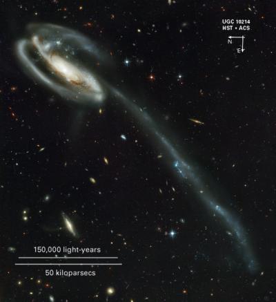 In this dramatic Hubble Space Telescope image, we see the "tidal tail" of the Tadpole Galaxy, UGC 10214.