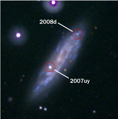 Seemingly out of nowhere, Supernova 2008D burst onto the scene on January 9, 2008, as seen in ultraviolet images (upper right) and X-ray images (beneath) taken by NASA's Swift satellite, giving scientists the unique opportunity to witness the birth of a supernova. CREDIT: NASA Swift team.