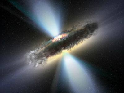 An artist's depiction of the accretion of a thick ring of dust into a supermassive black hole. The accretion produces jets of gamma rays and X-rays. Credit: ESA / V. Beckmann (NASA-GSFC)
